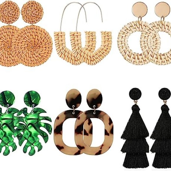 AMind4U Jewelry - Women Bohemian Statement Rattan 6 Pair Rattan Tassel Earrings